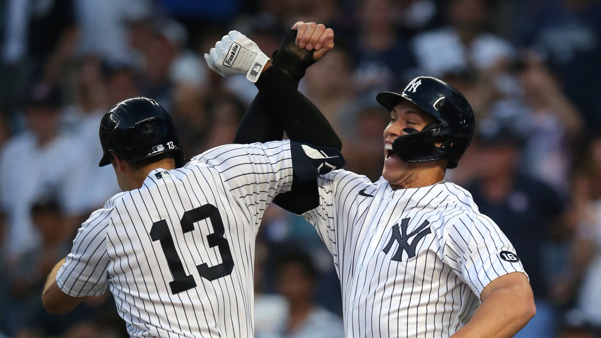 New York Yankees left fielder Joey Gallo celebrates his two-run