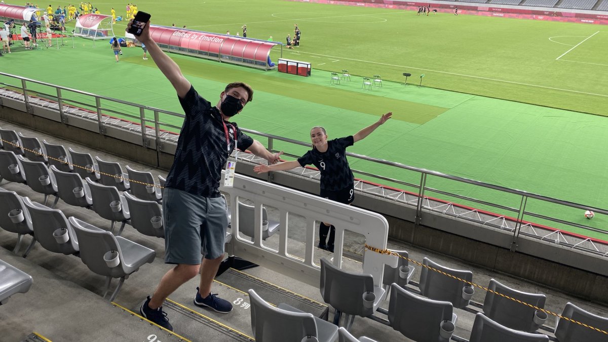 After Gabi's goal in the Olympics for New Zealand, she was able to celebrate briefly with her brother Liam for a few minutes.