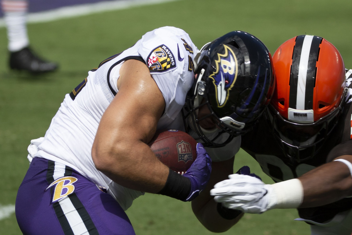 Baltimore Ravens fullback Patrick Ricard (42) warms up before an NFL  football game against the Jacksonville Jaguars, Sunday, Nov. 27, 2022, in  Jacksonville, Fla. (AP Photo/Gary McCullough Stock Photo - Alamy