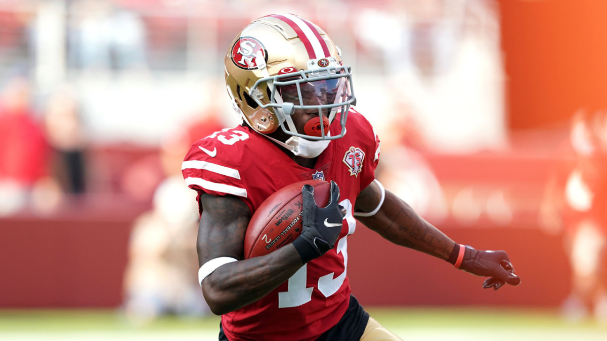 San Francisco 49ers wide receiver Richie James (13) reacts after