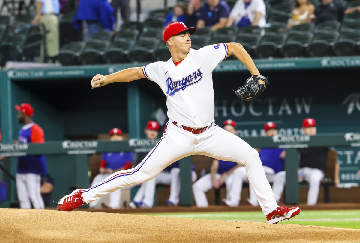 Sep 16, 2021; Arlington, Texas, USA; Texas Rangers starting pitcher Glenn Otto (49) throws during the first inning against the Houston Astros at Globe Life Field.