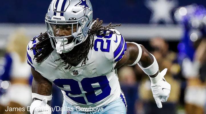 Safety (28) Malik Hooker of the Dallas Cowboys warms up before playing  against the Los Angeles Rams in an NFL football game, Sunday, Oct. 9, 2022,  in Inglewood, Calif. Cowboys won 22-10. (