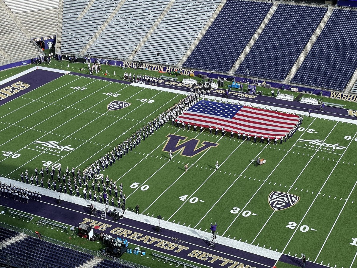 Band practices for the national anthem.