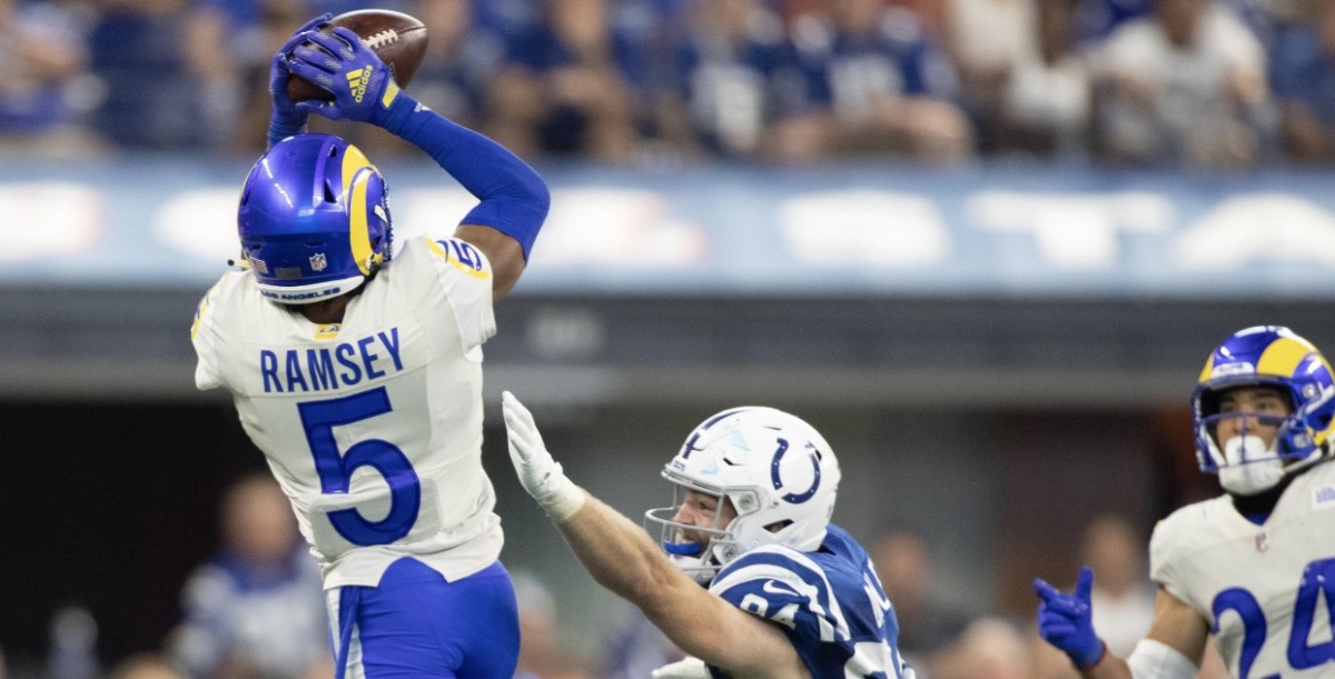 Los Angeles Rams defensive back Jalen Ramsey takes part in drills at the  NFL football team's practice facility Monday, Aug. 1, 2022, in Irvine,  Calif. (AP Photo/Jae C. Hong Stock Photo - Alamy