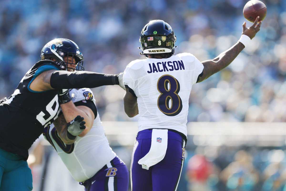 The Jacksonville Jaguars offense, left, sets up against the Baltimore  Ravens defense at the line of scrimmage during the first half of an NFL  football game, Sunday, Nov. 27, 2022, in Jacksonville