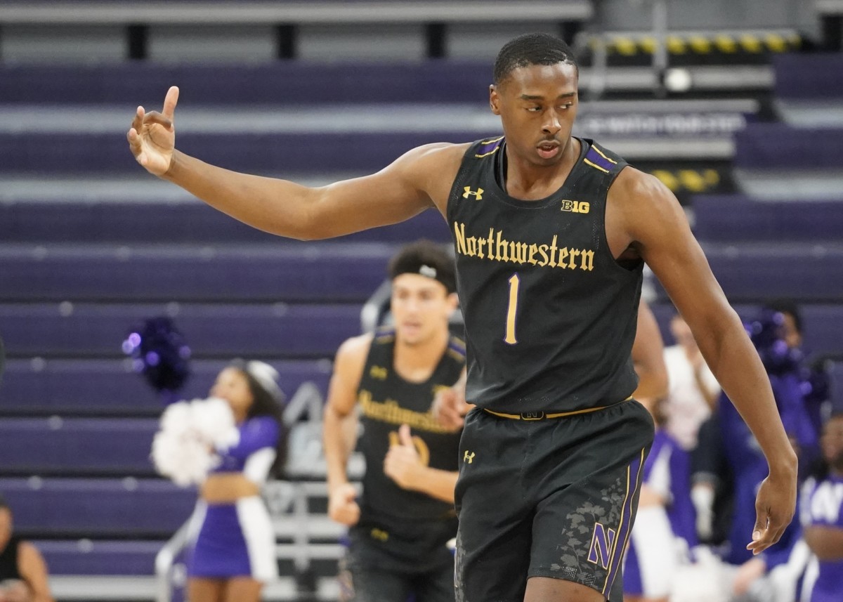 Northwestern guard Chase Audige (1) reacts after making a three-pointer against Pittsburgh on Monday in Evanston, Ill. (David Banks-USA TODAY Sports)