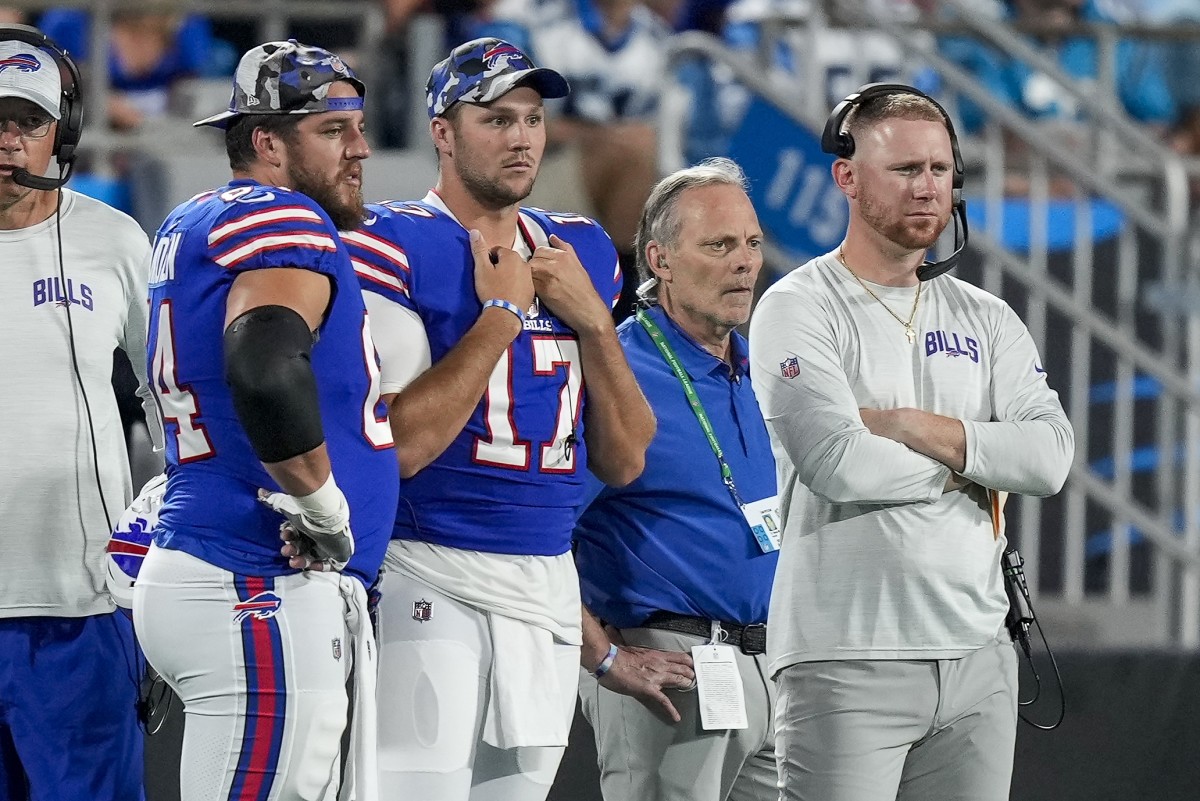 Buffalo Bills quarterback coach Joe Brady with Josh Allen during a game against the Carolina Panthers.