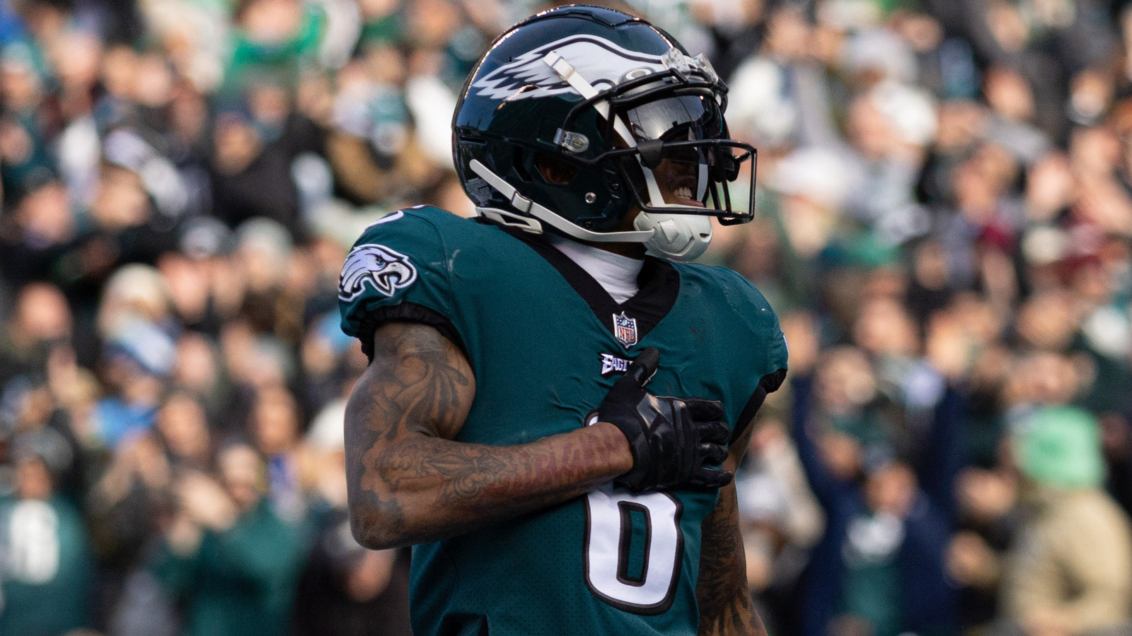 DeVonta Smith of the Philadelphia Eagles reacts after a reception News  Photo - Getty Images