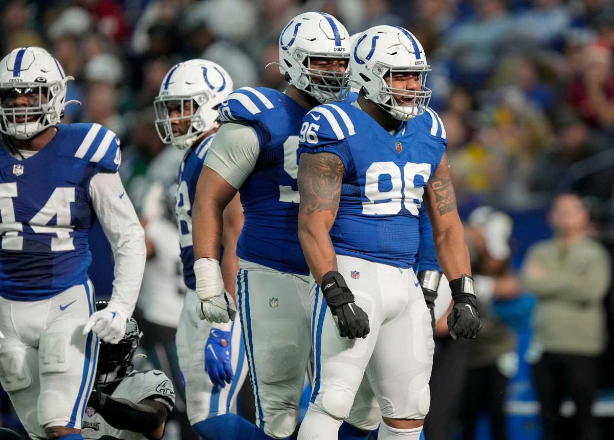 Indianapolis Colts defensive tackle Byron Cowart (96) reacts after making a tackle Sunday, Nov. 20, 2022, during a game against the Philadelphia Eagles at Lucas Oil Stadium in Indianapolis.