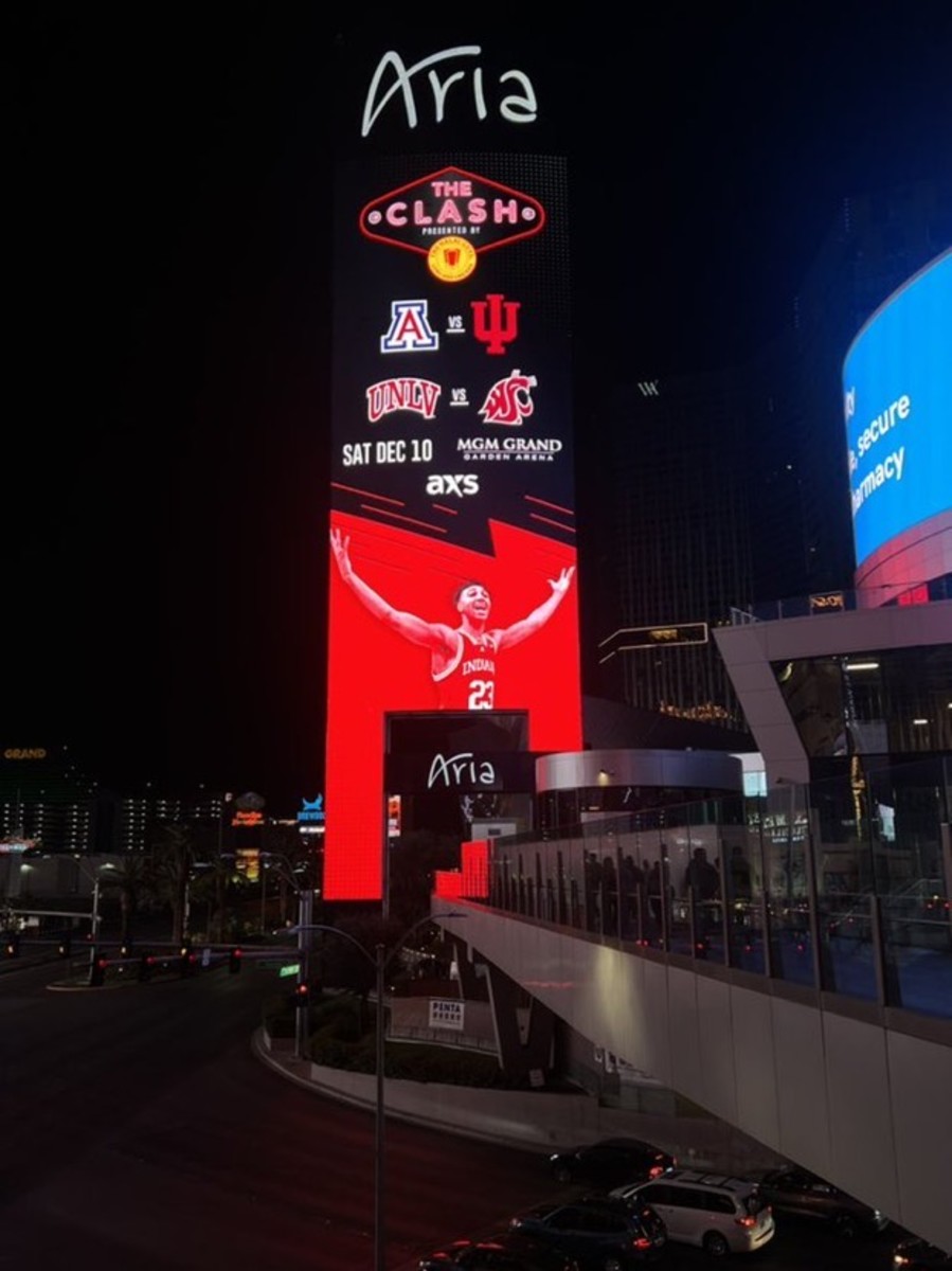 The Aria Resort main signage was all aglow with Trayce Jackson-Davis ahead of Indiana's matchup with Arizona on Saturday.