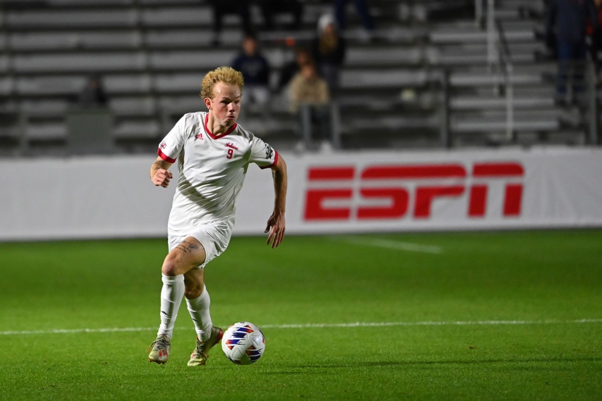 Indiana forward Samuel Sarver (9) with the ball in the first half at WakeMed Soccer Park in the 2022 NCAA championship game. (Bob Donnan-USA TODAY Sports)