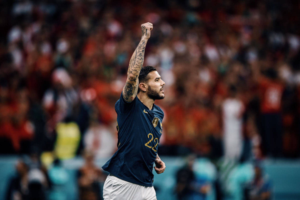 Theo Hernandez pictured celebrating after scoring for France in their 2022 World Cup semi-final win over Morocco