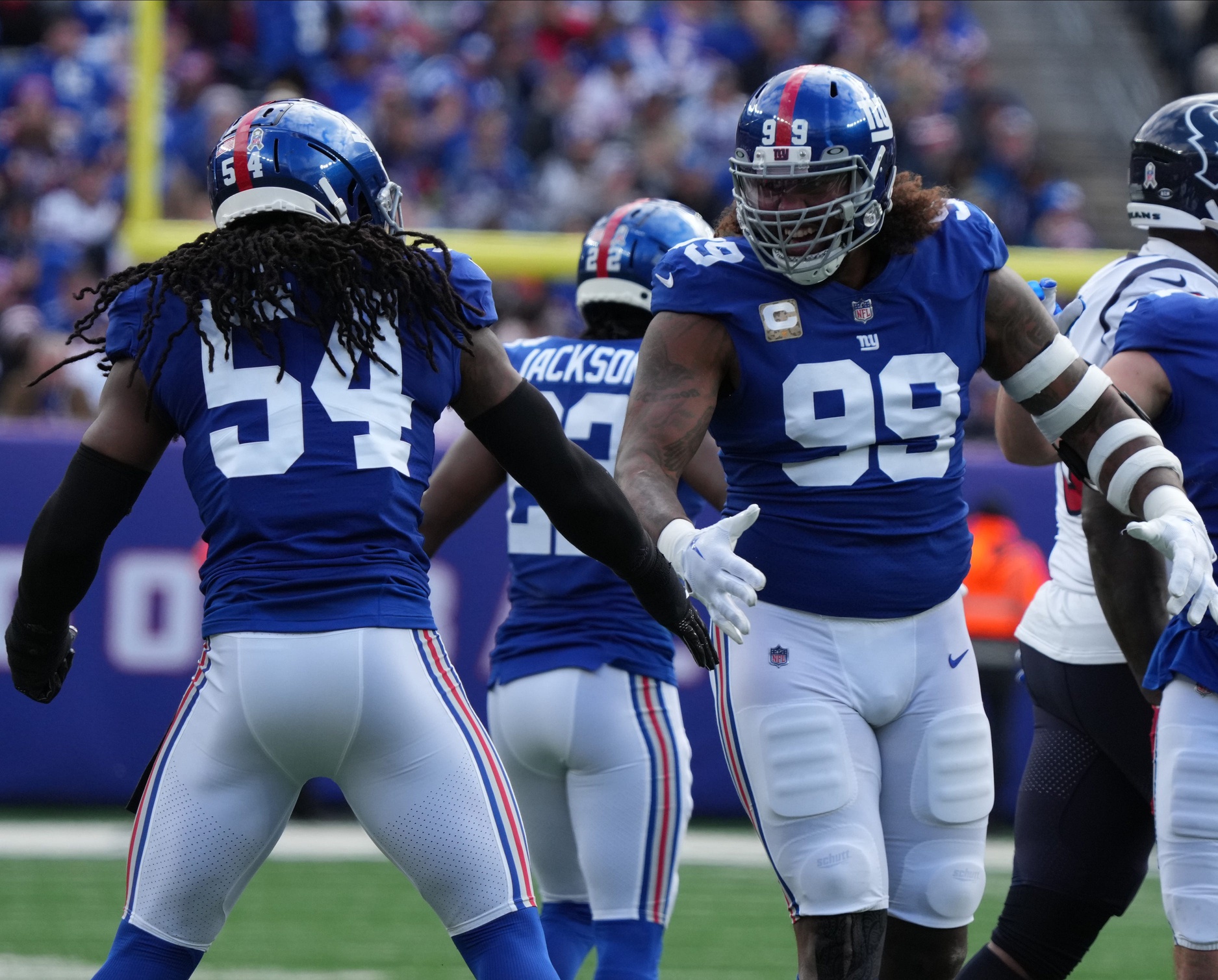 New York Giants defensive end Leonard Williams (99) takes the field to face  the Carolina Panthers in an NFL football game, Sunday, Oct. 24, 2021, in  East Rutherford, N.J. (AP Photo/Adam Hunger