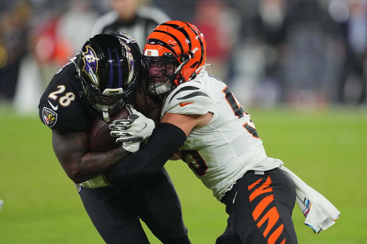 Baltimore Ravens wide receiver Zay Flowers (4) runs against Cincinnati  Bengals linebacker Akeem Davis-Gaither (59) during an NFL football game,  Sunday, Sept. 17, 2023, in Cincinnati. (AP Photo/Jeff Dean Stock Photo -  Alamy