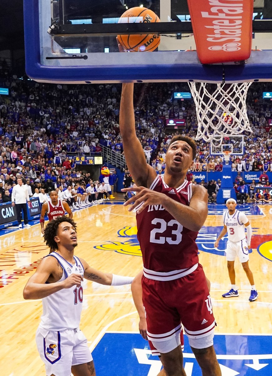 Indiana forward Trayce Jackson-Davis (23) shoots against Kansas forward Jalen Wilson (10) during the second half on Saturday. (Jay Biggerstaff-USA TODAY Sports)