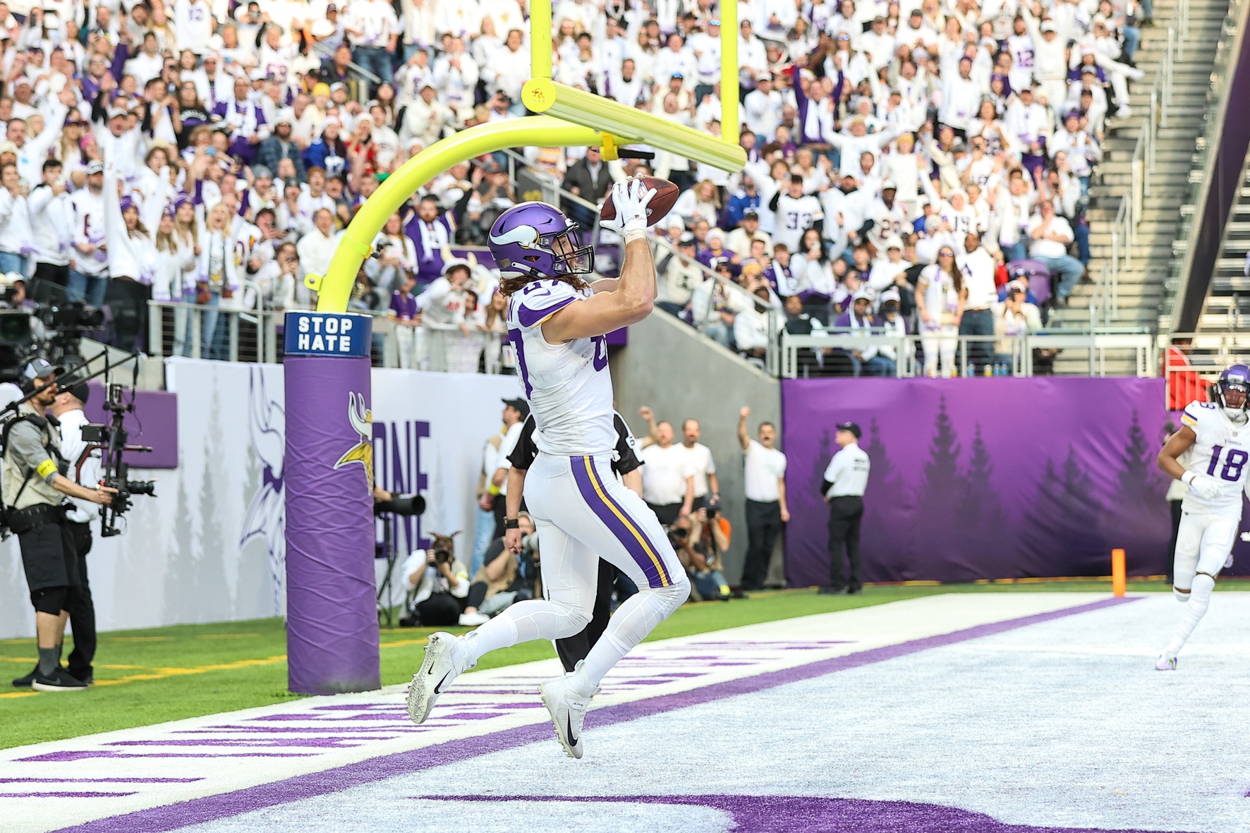 Minnesota Vikings tight end T.J. Hockenson (87) celebrates after catching a  pass during the first half of an NFL wild card playoff football game  against the New York Giants, Sunday, Jan. 15