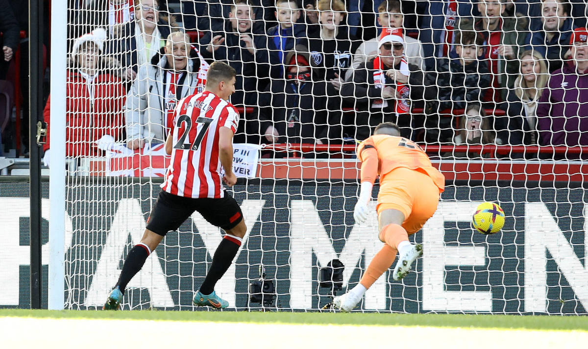 Vitaly Janelt pictured shooting past Fraser Forster to give Brentford a 1-0 lead against Tottenham on Boxing Day in 2022