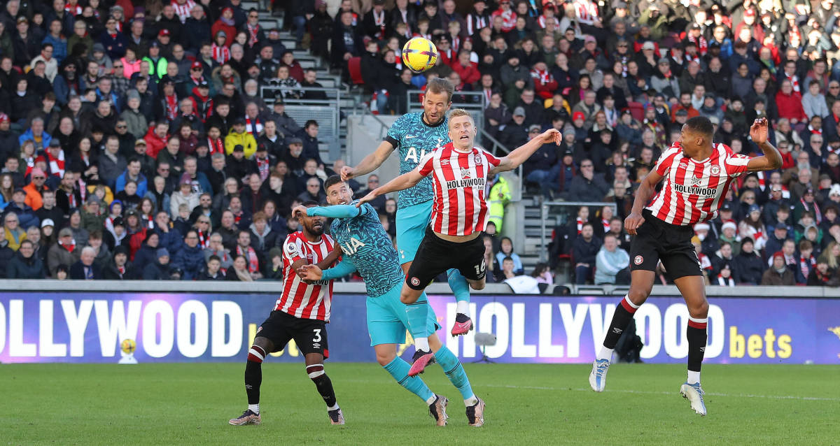 Harry Kane pictured (center) heading the ball to score for Tottenham at Brentford on Boxing Day in 2022