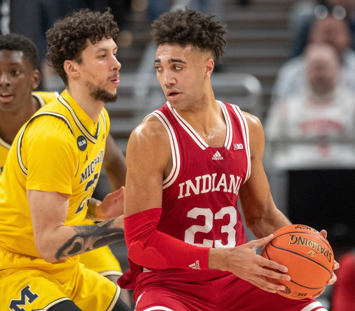 Indiana forward Trayce Jackson-Davis (23) works against Michigan's Brandon Johns Jr. (23) in the Big Ten Tournament quarterfinals in Indianapolis in March. (Robert Scheer/USA TODAY Sports)