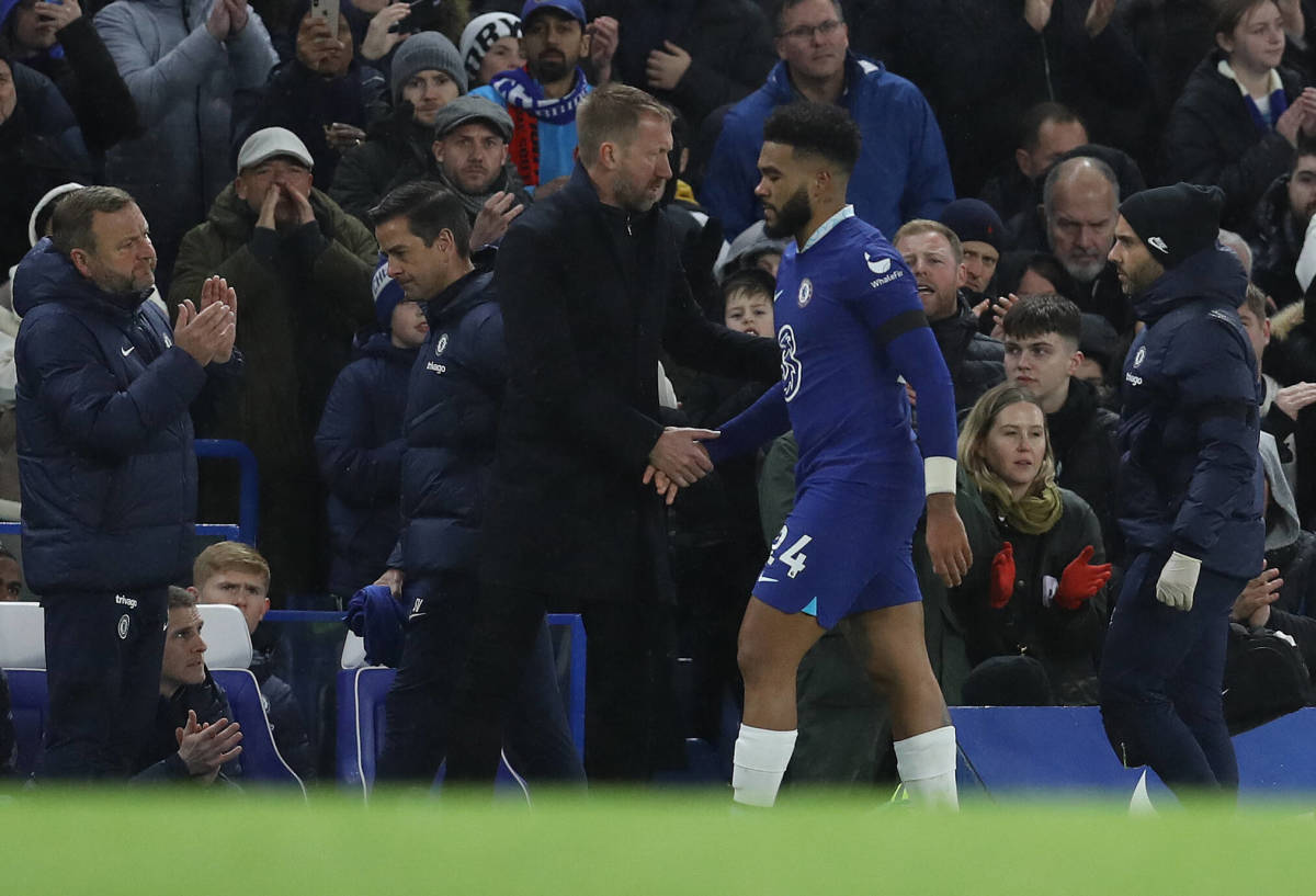 Reece James pictured shaking hands with manager Graham Potter after being subbed off during Chelsea's 2-0 win over Bournemouth in December 2022