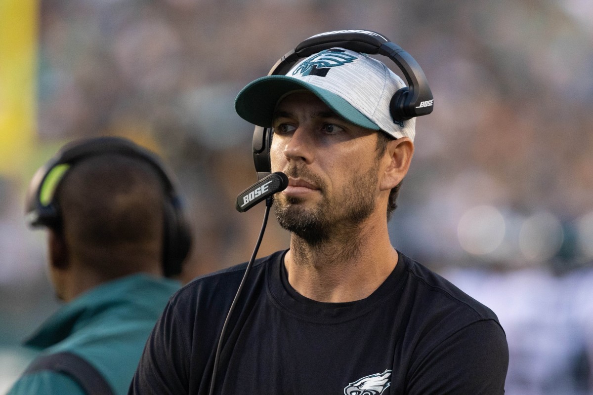 Philadelphia Eagles offensive coordinator Shane Steichen in a game against the New England Patriots at Lincoln Financial Field.