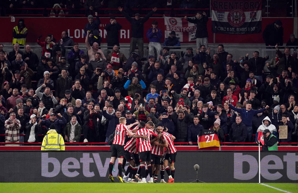 Brentford's players pictured celebrating during their 3-1 win over Liverpool in January 2023