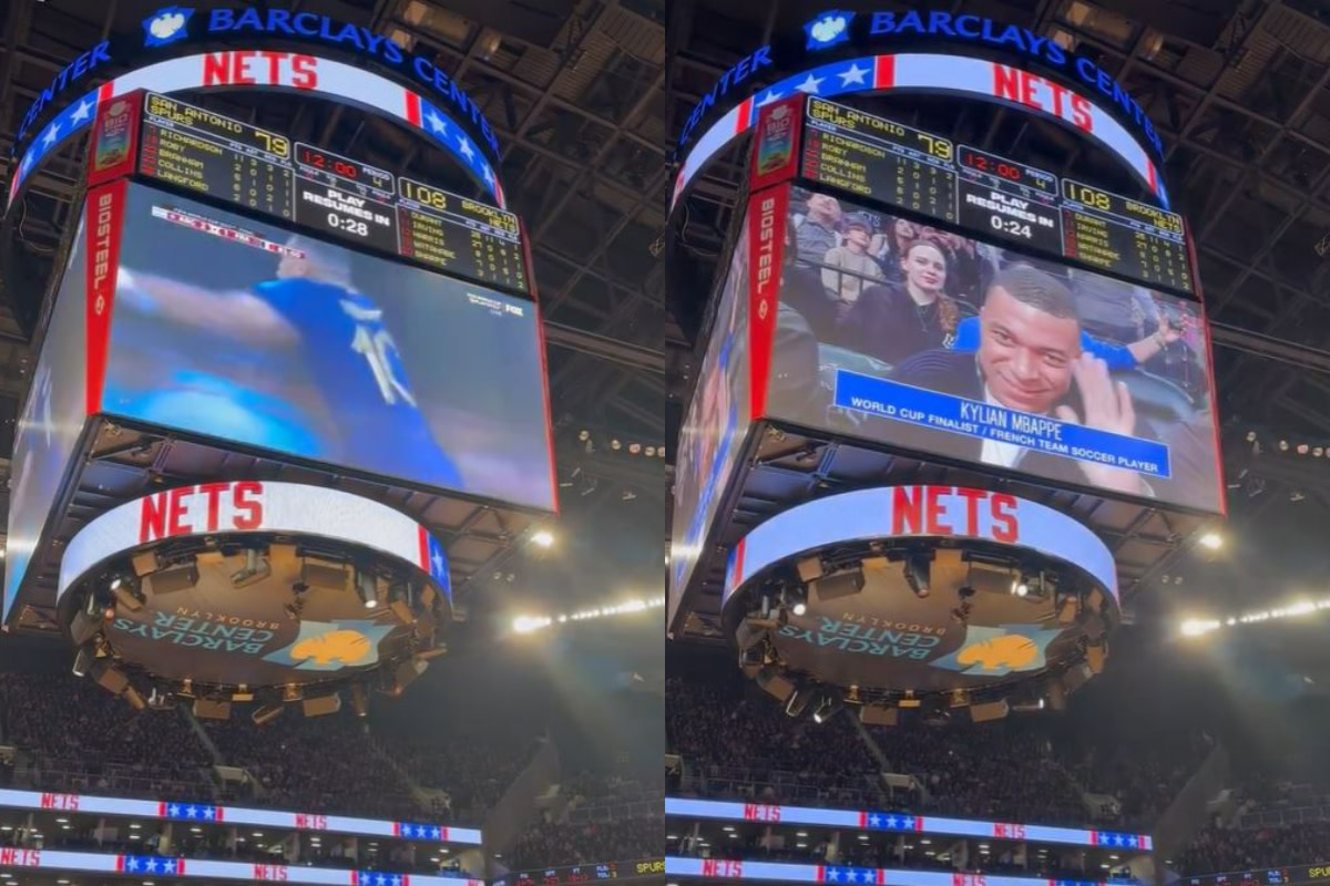 Kylian Mbappe pictured on the big screen at Barclays Center during the NBA game between the Brooklyn Nets and the San Antonio Spurs in January 2023