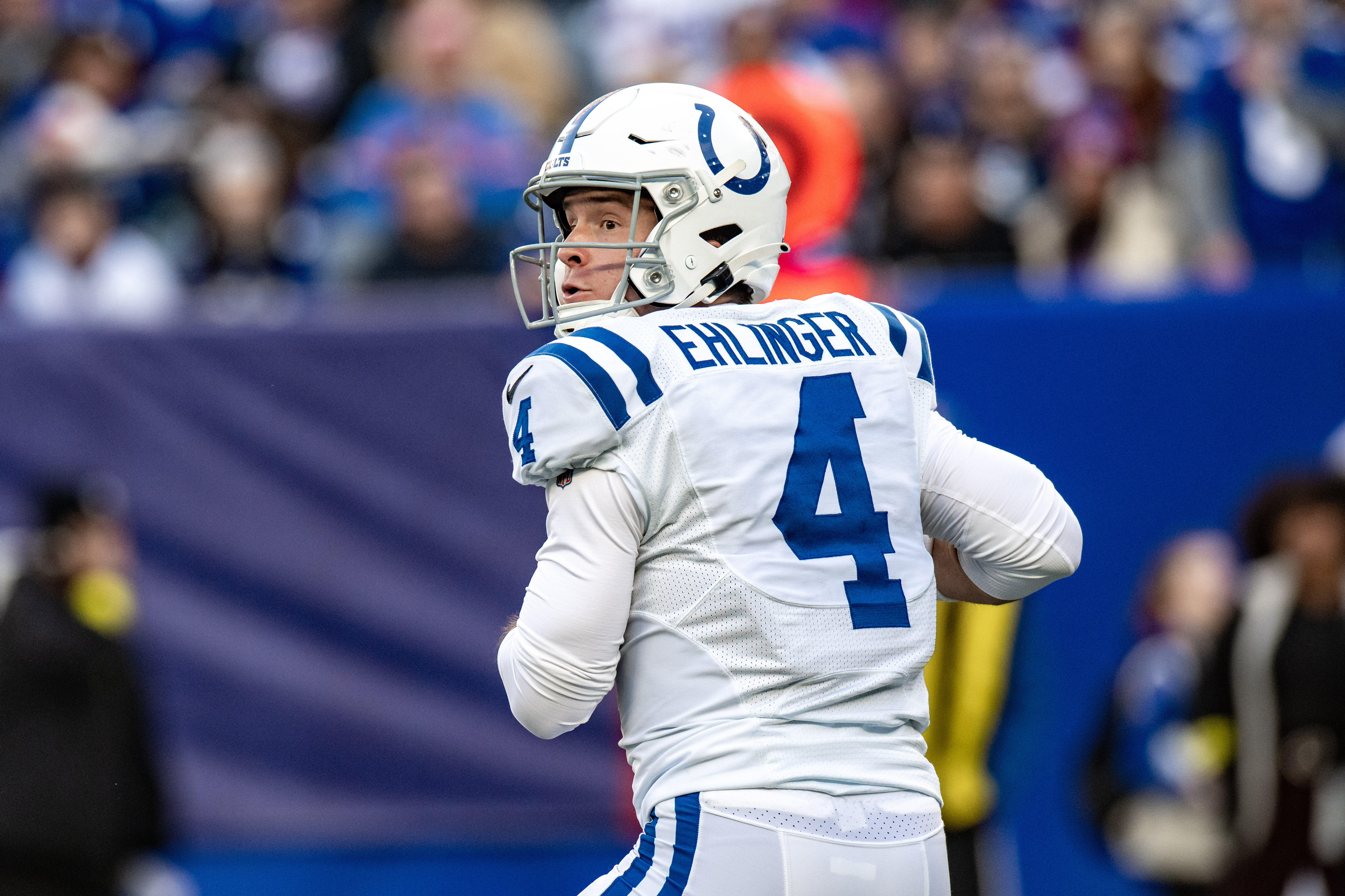 INDIANAPOLIS, IN - OCTOBER 17: Indianapolis Colts Quarterback Sam Ehlinger  (4) warms up prior to an NFL game between the Houston Texans and the  Indianapolis Colts on October 17, 2021 at Lucas