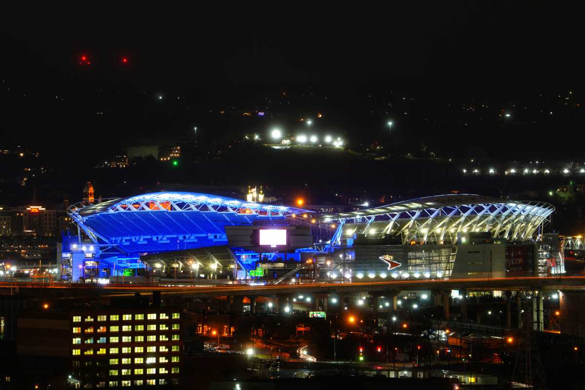 The high-rise buildings of Downtown Cincinnati and Paycor Stadium were lit blue and red in recognition of Buffalo Bills safety Damar Hamlin, Tuesday, Jan. 3, 2023.Hamlin suffered cardiac arrest midway through the first quarter of a Week 17 NFL game at the Cincinnati Bengals, and was revived on the field prior to being taken to University of Cincinnati Medical Center.