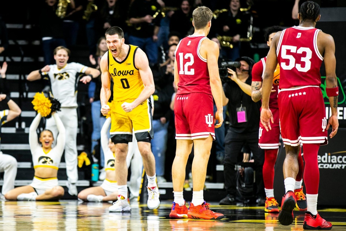 Iowa forward Filip Rebraca (0) reacts after getting fouled during a NCAA Big Ten Conference men's basketball game against Indiana.