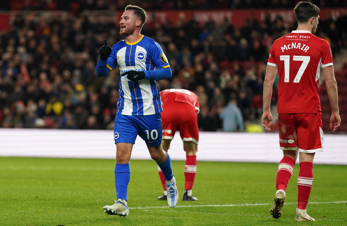 Alexis Mac Allister pictured celebrating one of his two goals during Brighton's 5-1 win at Middlesbrough in the FA Cup third round in January 2023