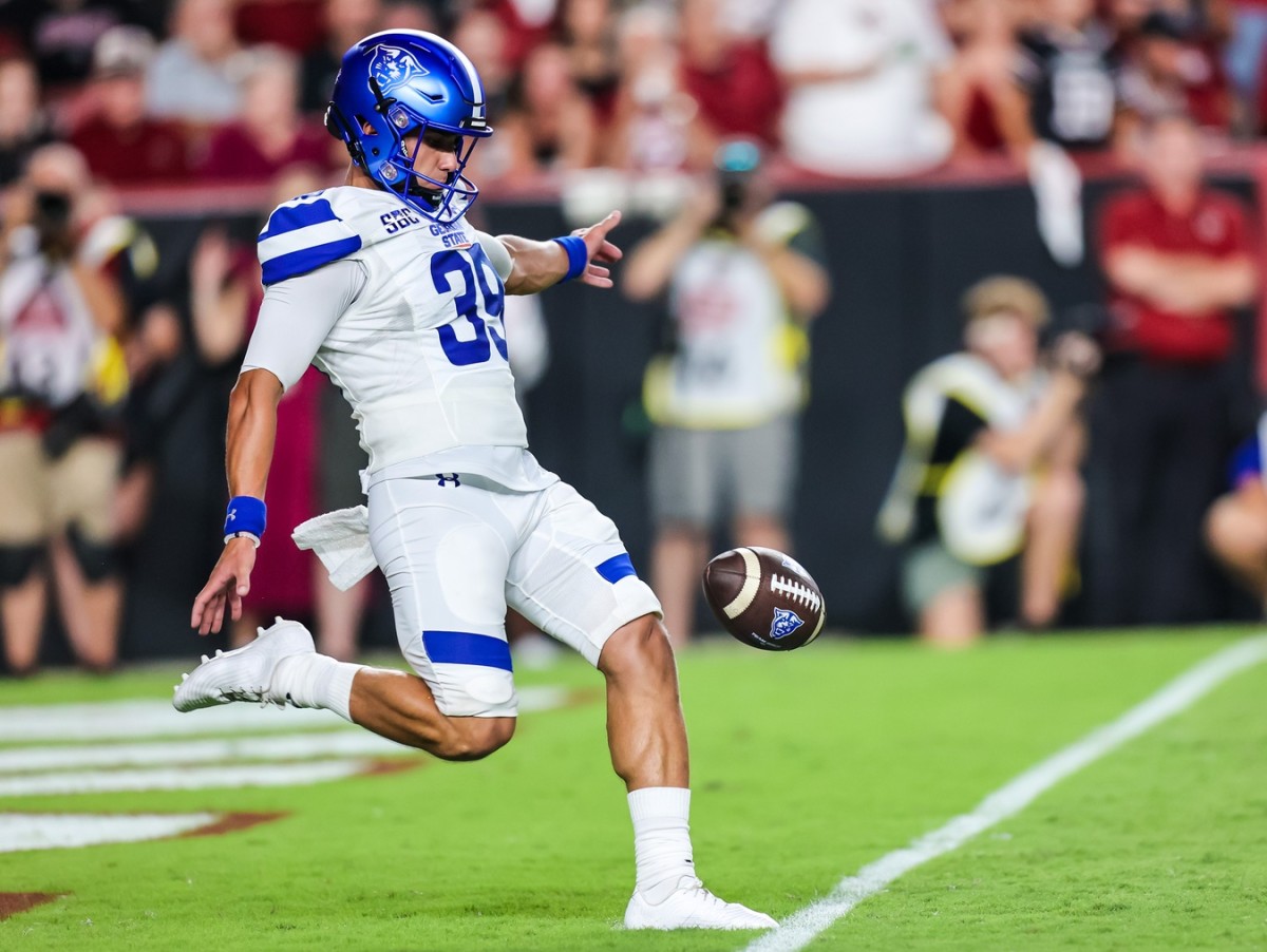 Sep 3, 2022; Columbia, South Carolina, USA; Georgia State Panthers place kicker Michael Hayes (39) punts against the South Carolina Gamecocks in the second quarter at Williams-Brice Stadium.