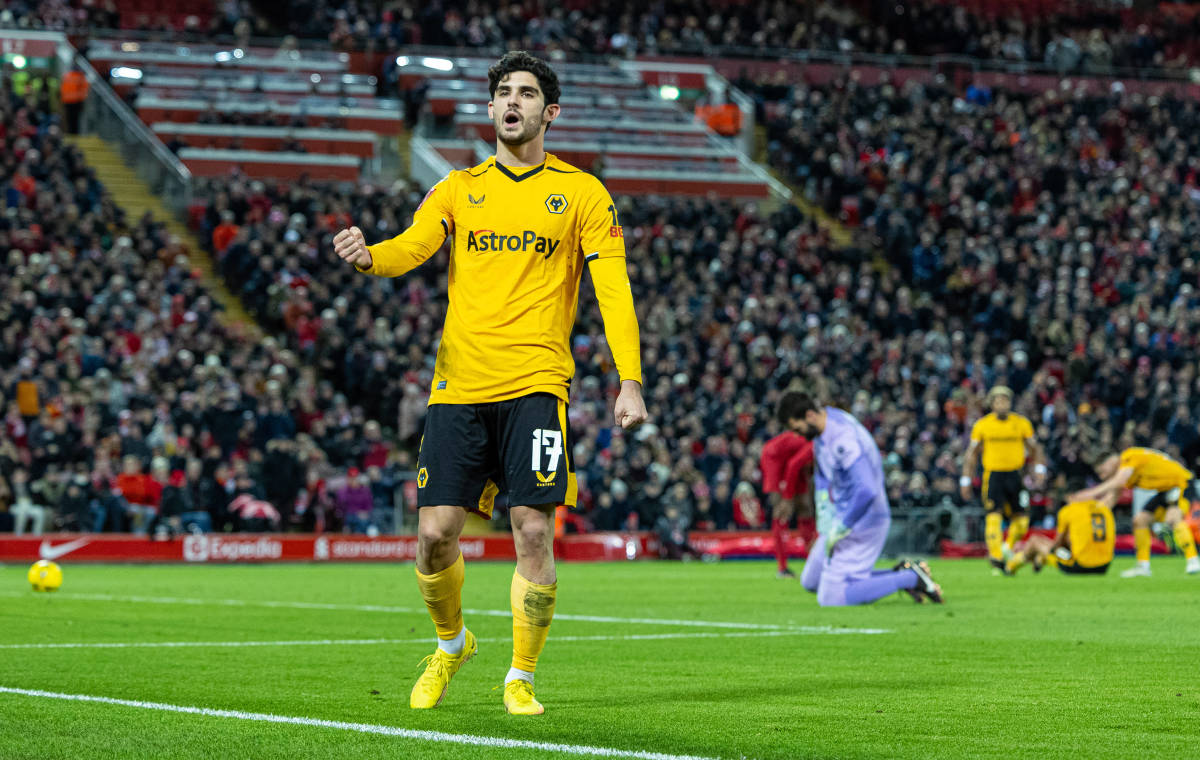 Wolverhampton Wanderers striker Goncalo Guedes pictured celebrating after scoring against Liverpool in the 2022/23 FA Cup third round