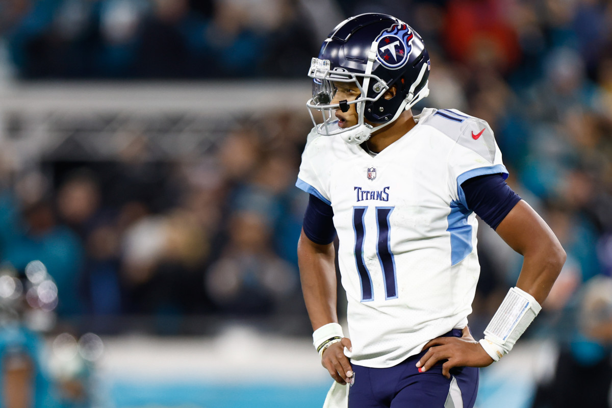 Arizona Cardinals QB Josh Dobbs during the 2022 regular season finale with the Tennessee Titans on January 8th, 2023, in Jacksonville, Florida. (Photo by Douglas DeFelice of USA Today Sports)