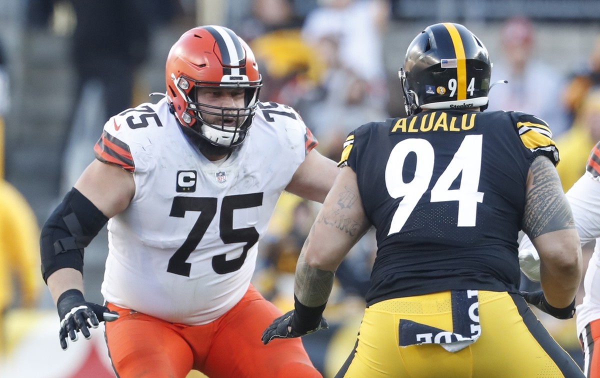 FILE - In this Sunday, Nov. 11, 2018 file photo, Cleveland Browns offensive  tackle Joel Bitonio celebrates after the Browns defeated the Atlanta  Falcons 28-16 in an NFL football game in Cleveland.