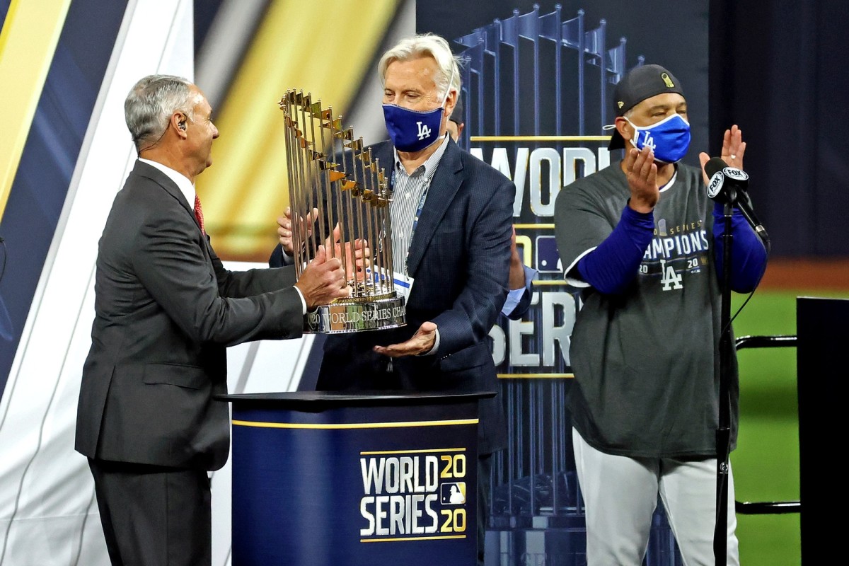 The World Series Trophy is on display during a ceremony in the