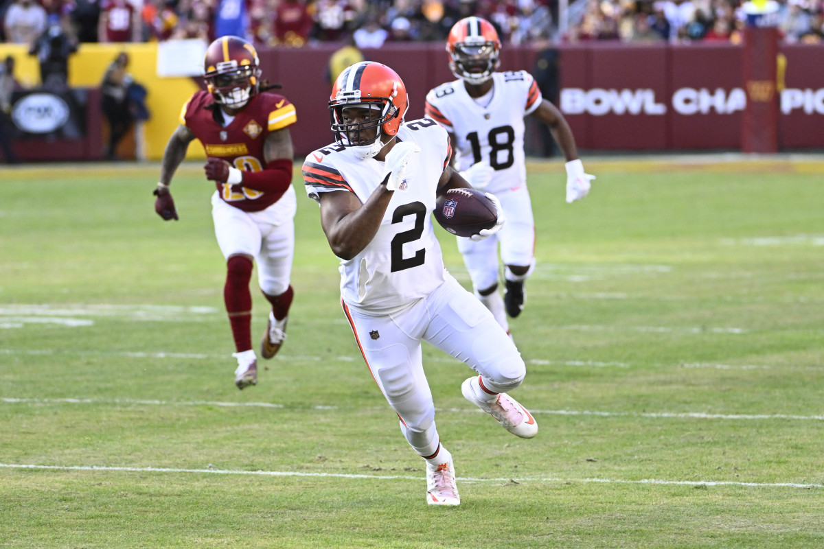 Jan 1, 2023; Landover, Maryland, USA; Cleveland Browns wide receiver Amari Cooper (2) runs after a catch against the Washington Commanders during the second half at FedExField.