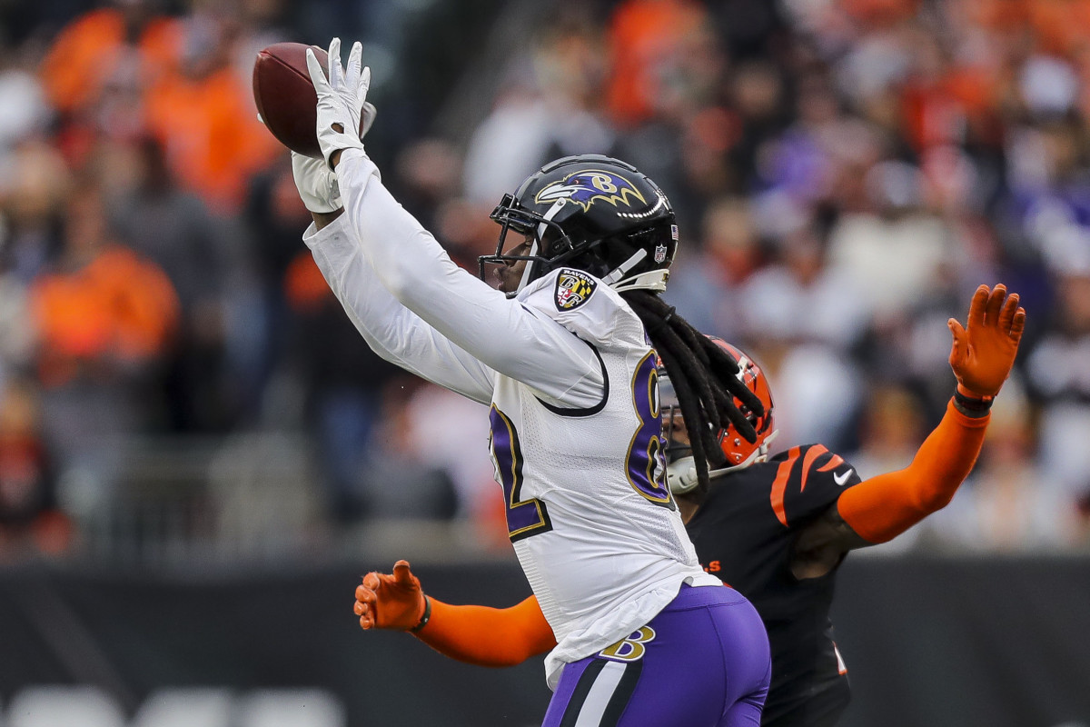 Jan 8, 2023; Cincinnati, Ohio, USA; Baltimore Ravens wide receiver Sammy Watkins (82) catches a pass against the Cincinnati Bengals in the second half at Paycor Stadium.