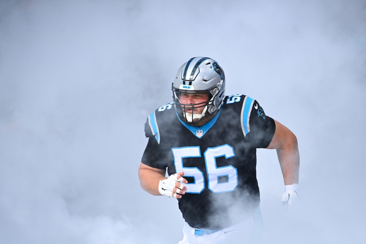 Carolina Panthers center Bradley Bozeman (56) works during the