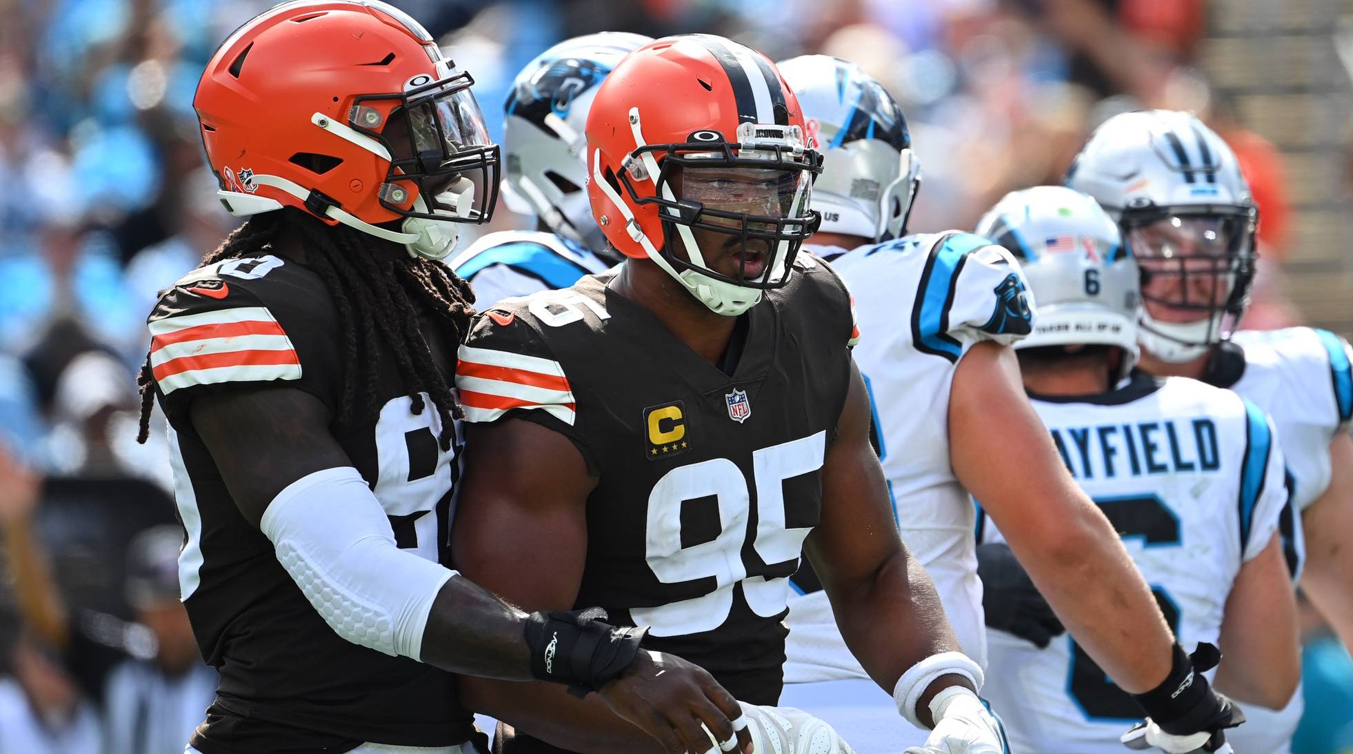 Myles Garrett and Jadeveon Clowney are unblockable with pads on