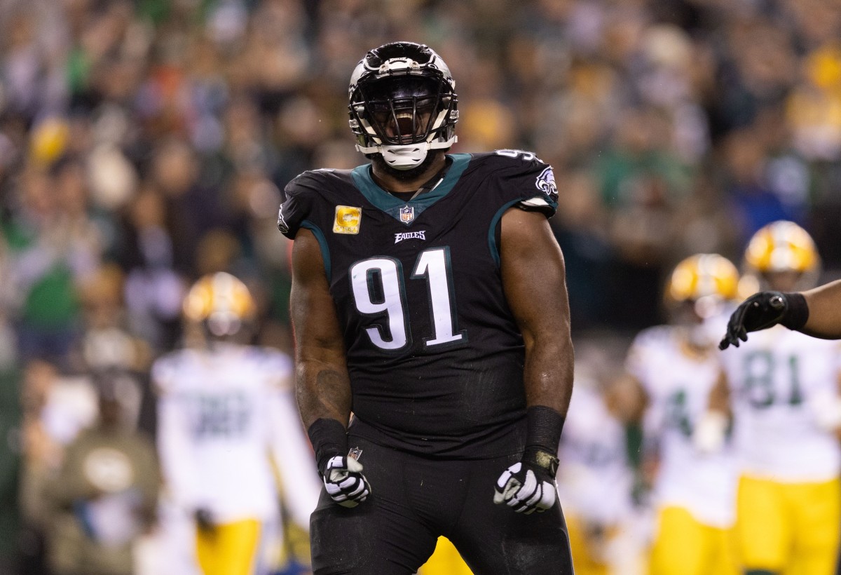 Philadelphia Eagles defensive tackle Fletcher Cox (91) reacts after sacking Green Bay Packers quarterback Aaron Rodgers (not pictured) during the second quarter at Lincoln Financial Field.