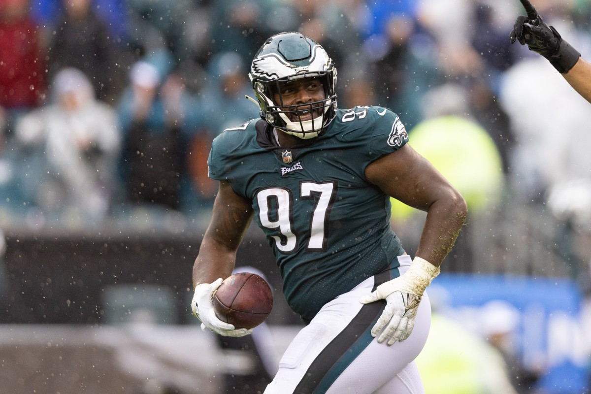 Philadelphia Eagles defensive tackle Javon Hargrave (97) reacts after a fumble recovery against the Jacksonville Jaguars at Lincoln Financial Field.