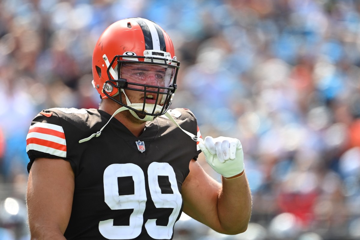 Cleveland Browns defensive tackle Taven Bryan (99) reacts in the third quarter at Bank of America Stadium.