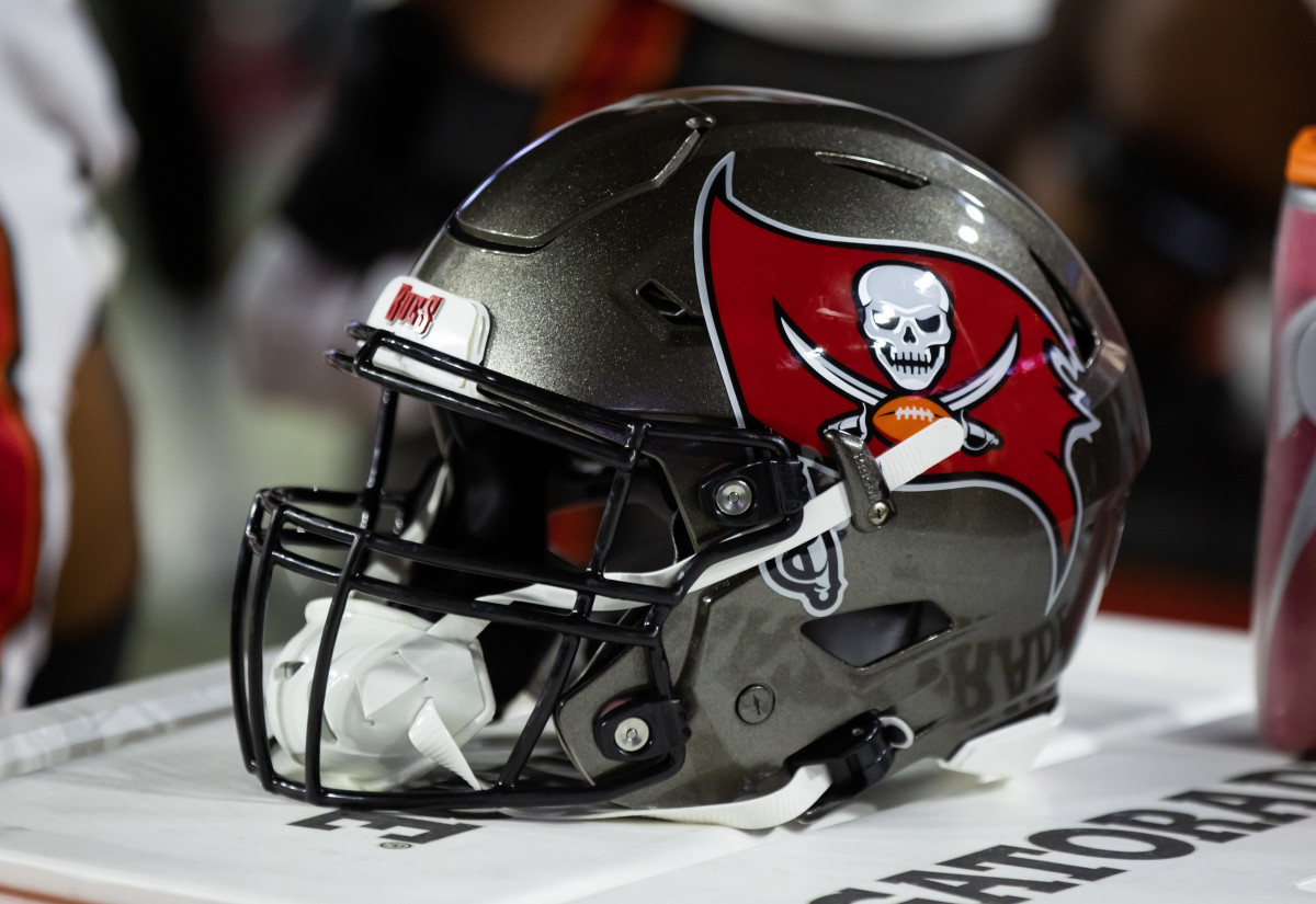 Glendale, Arizona, USA; Detailed view of a Tampa Bay Buccaneers helmet at State Farm Stadium.