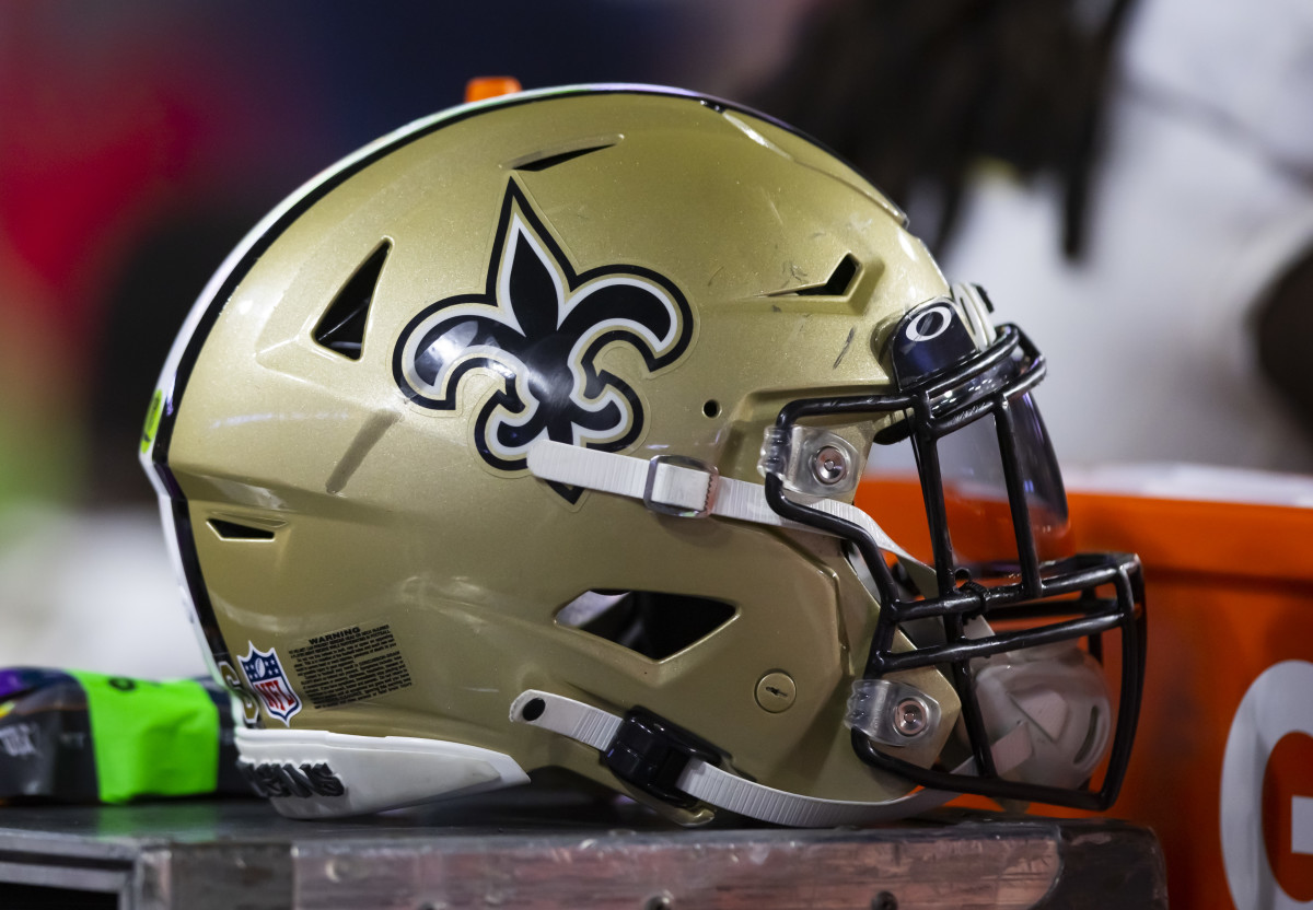 view of a New Orleans Saints helmet at State Farm Stadium.