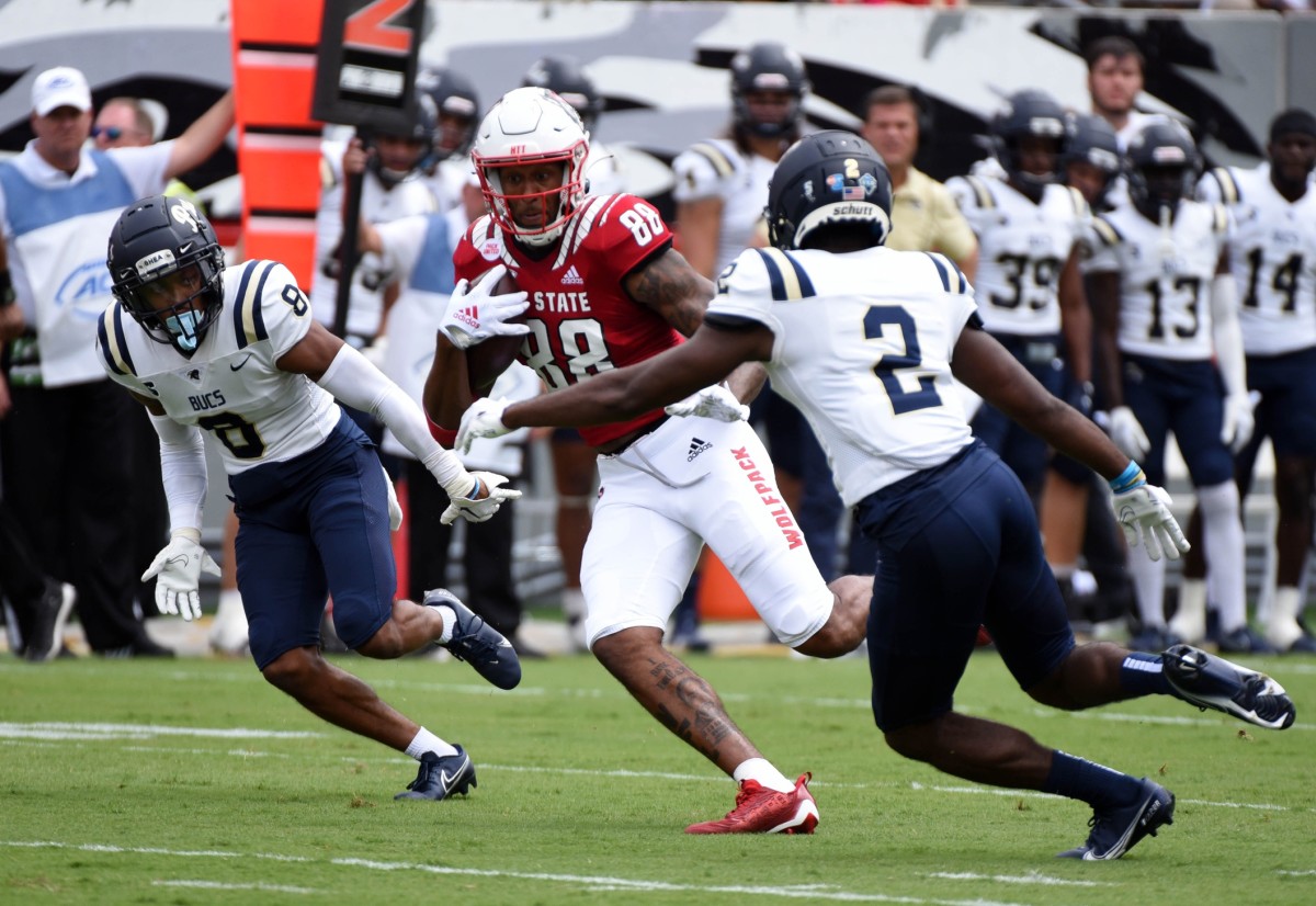 Sep 10, 2022; Raleigh, North Carolina, USA; North Carolina State Wolfpack wide receiver Devin Carter (88) runs after a catch during the first half against the Charleston Southern Buccaneers at Carter-Finley Stadium.