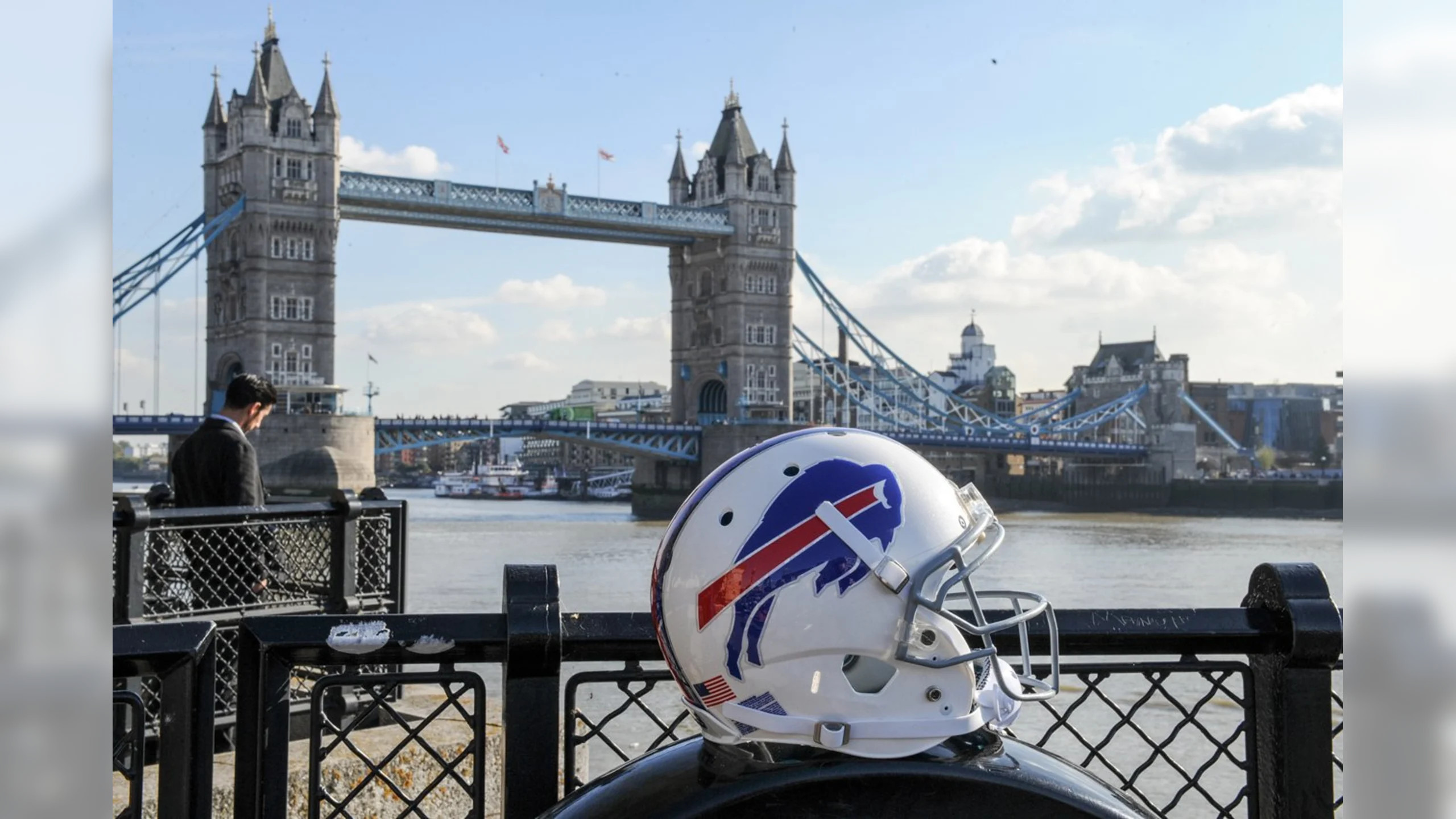A Bills helmet in front of Tower Bridge in London.