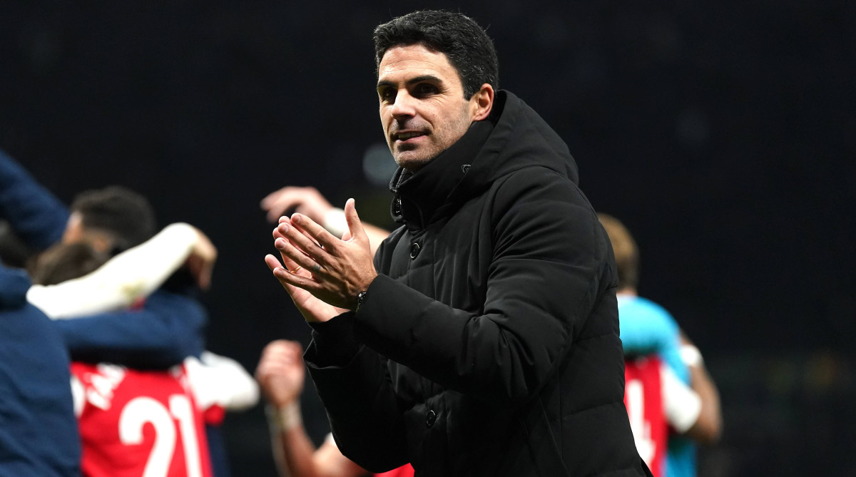 Arsenal manager Mikel Arteta looks on after a win over Tottenham.