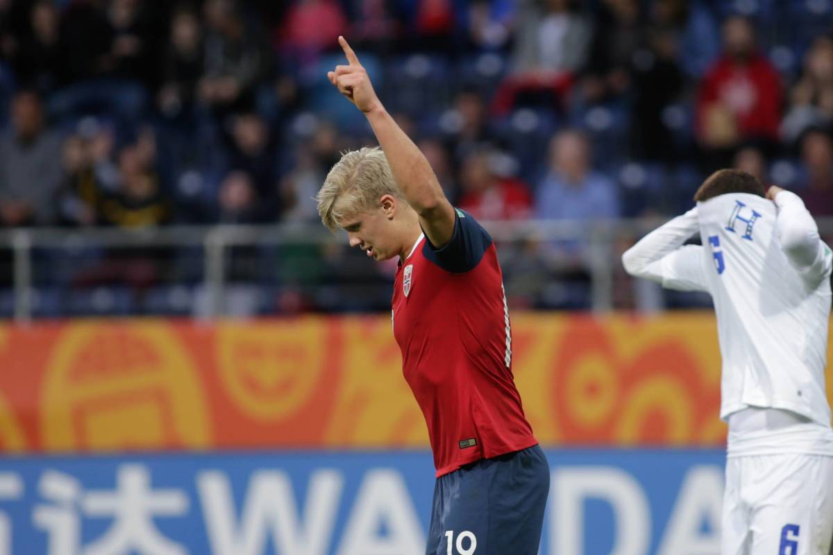 An 18-year-old Erling Haaland pictured in 2019 at the U-20 World Cup during a game for Norway against Honduras in which he scored NINE goals