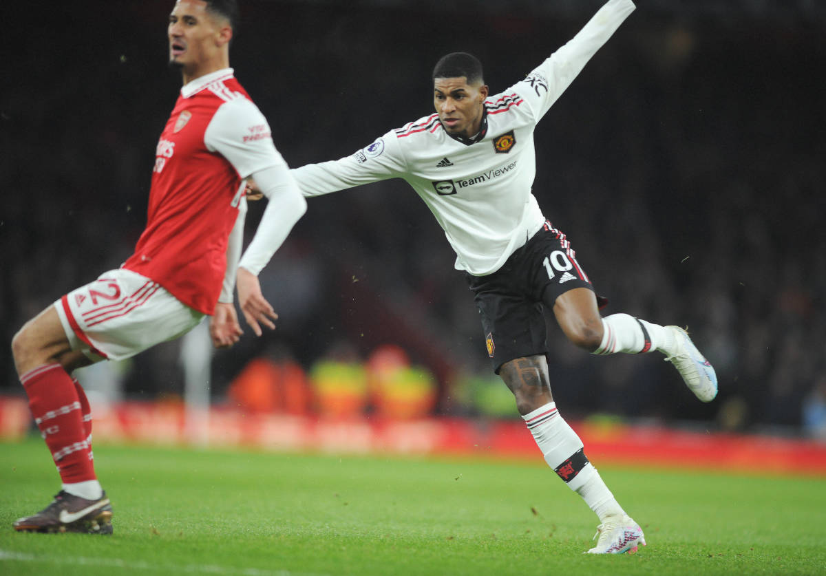 Marcus Rashford pictured (right) after shooting to score for Manchester United at Arsenal in January 2023